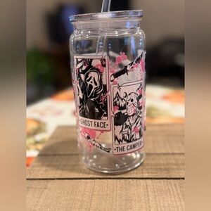 Horror-Themed Clear Tumbler with Pink Accents
